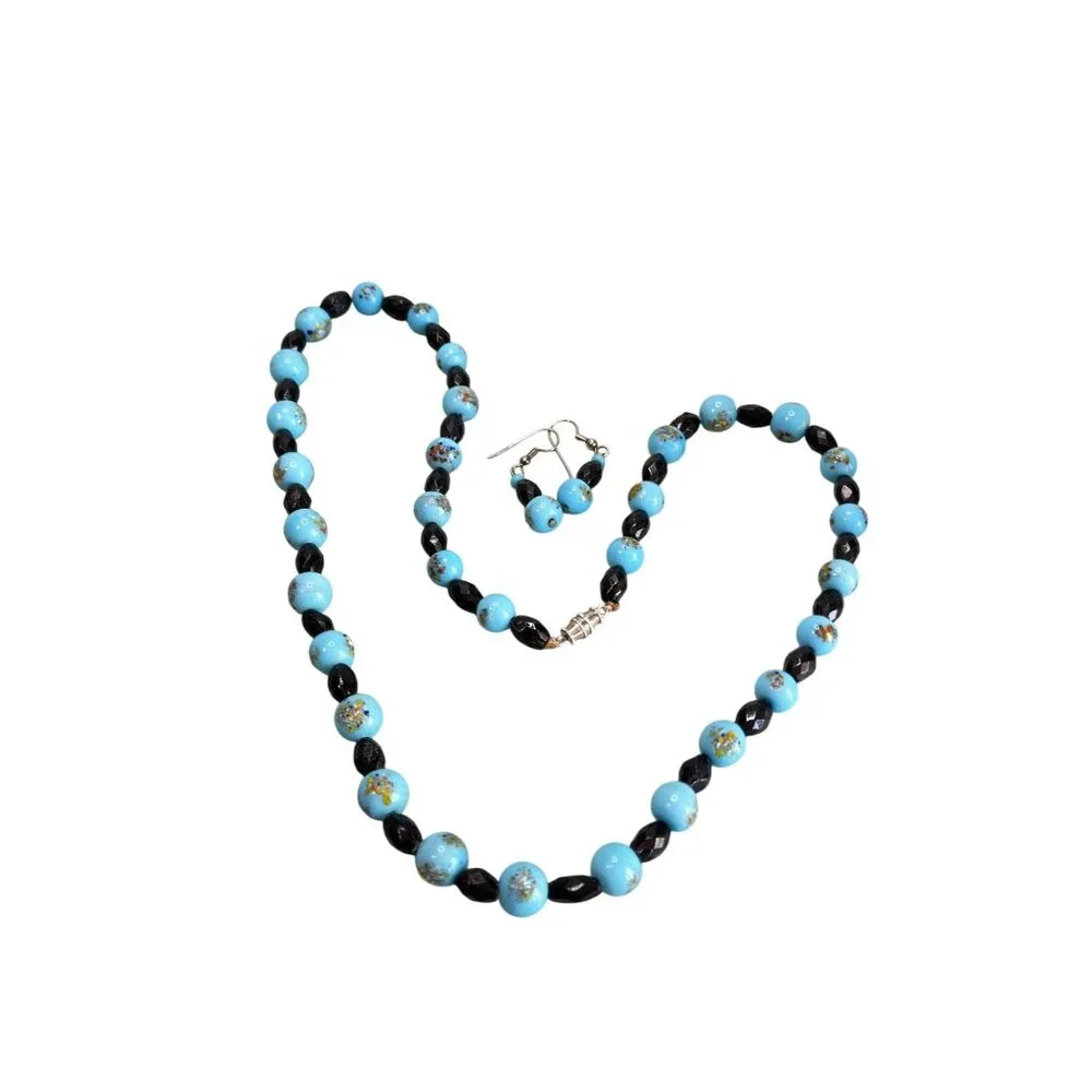 Blue & Black Glass Beads Hand-Painted Embossed Design Jewelry Set 24" - Picture 3 of 6